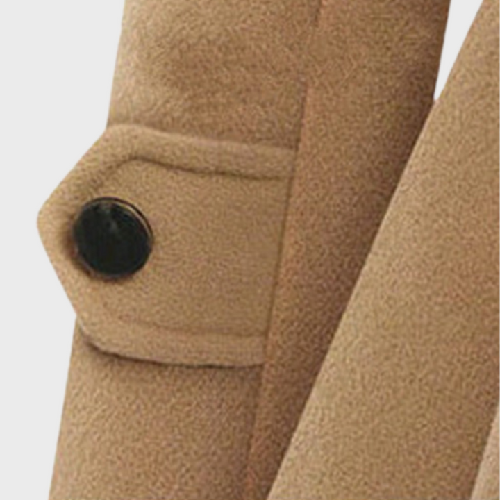 Beiger Wollmantel mit schwarzem Knopf, elegantes Design, hochwertige Wintermode.