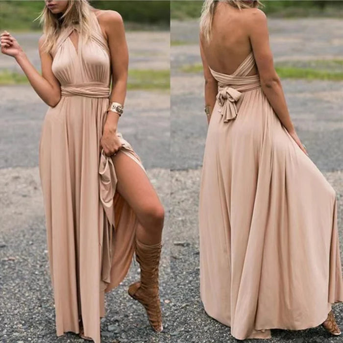 Beiges, ärmelloses Maxikleid aus Chiffon, rückenfrei, mit Schleife, ideal für Sommermode.