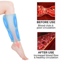 Beinmassagegerät zur Verbesserung der Durchblutung, blaue Manschette, Vorher-Nachher-Diagramm.
