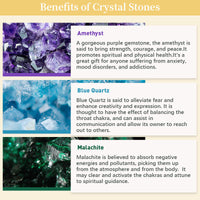 Amethyst, blauer Quarz, Malachit: Kristallsteine für Heilung, Spiritualität, Energie.