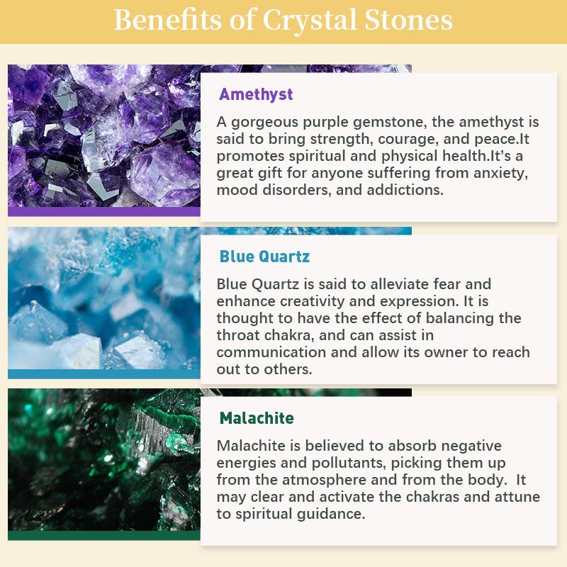 Amethyst, blauer Quarz, Malachit: Kristallsteine für Heilung, Spiritualität, Energie.