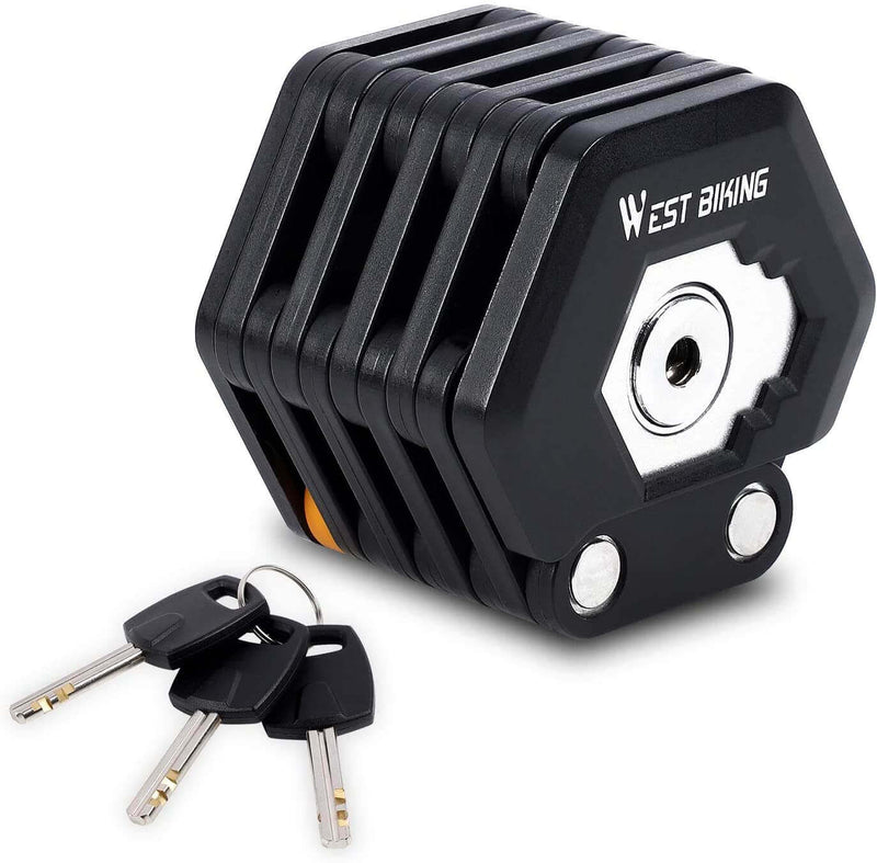 Schwarzes faltbares Fahrradschloss mit drei Schlüsseln, robustes Design, Diebstahlschutz.