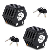 Zwei schwarze faltbare Fahrradschlösser mit Schlüsseln, robustes Design, Diebstahlschutz.