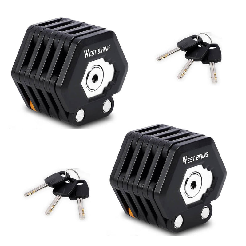 Zwei schwarze faltbare Fahrradschlösser mit Schlüsseln, robustes Design, Diebstahlschutz.