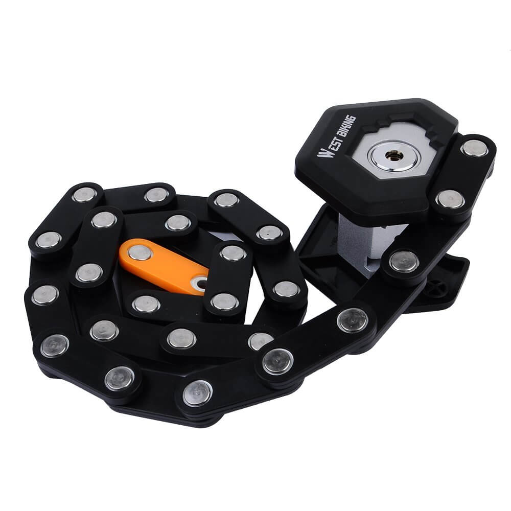 Schwarzes faltbares Fahrradschloss mit Kette, robustes Design, Diebstahlschutz, kompakt.