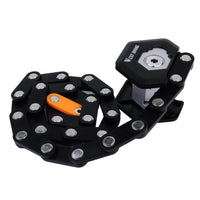 Schwarzes faltbares Fahrradschloss mit Kette, robustes Design, Diebstahlschutz, kompakt.