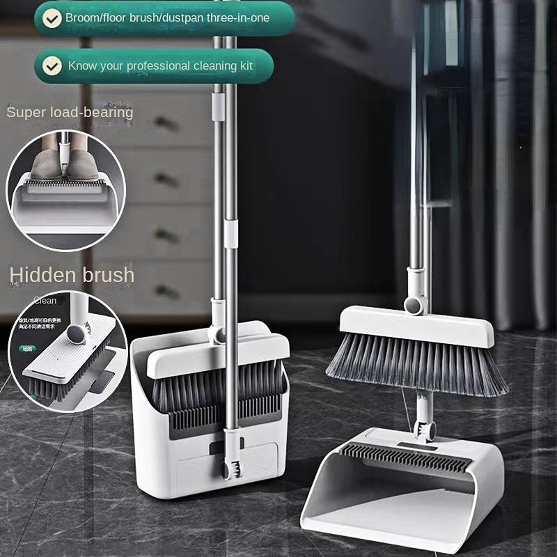 3-in-1 Kehrset mit Besen, Kehrschaufel und Bodenbürste, weiß, platzsparend, für Haushalt.