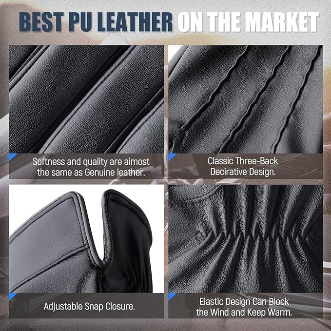 Schwarze PU-Leder-Handschuhe, verstellbarer Druckknopf, winddicht, klassisches Design.