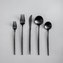Schwarzes Edelstahl-Besteckset, modern, 5-teilig, Gabel, Messer, Löffel, minimalistisch.