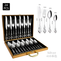 Silberbesteck-Set 24-teilig, Edelstahl, elegantes Design, in goldener Aufbewahrungsbox.
