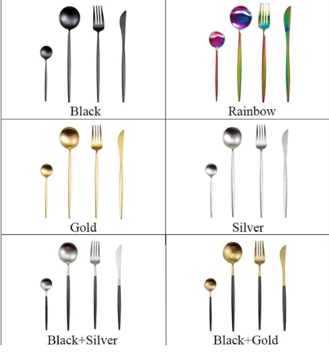 Besteckset in Schwarz, Regenbogen, Gold, Silber, Schwarz-Silber, Schwarz-Gold, Edelstahl.
