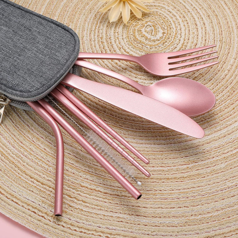 Rosa Besteckset aus Edelstahl mit Etui, umweltfreundlich, wiederverwendbar, für unterwegs.