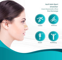 Frau mit Nasenstreifen, Sport-Symbole, Atmung verbessern, Nasenpflaster, Fitness, Gesundheit.