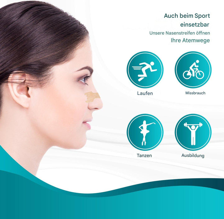 Frau mit Nasenstreifen, Sport-Symbole, Atmung verbessern, Nasenpflaster, Fitness, Gesundheit.
