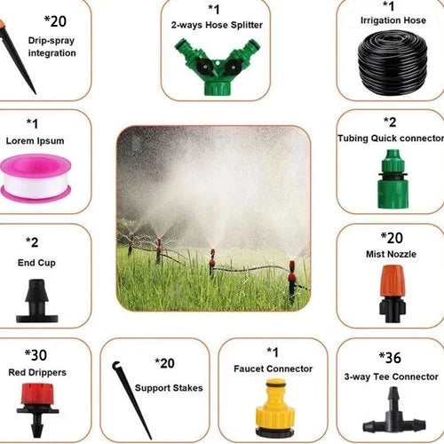 Set zur Gartenbewässerung, Tropfbewässerung, Sprühdüsen, Schlauchverbinder, effizient, langlebig.