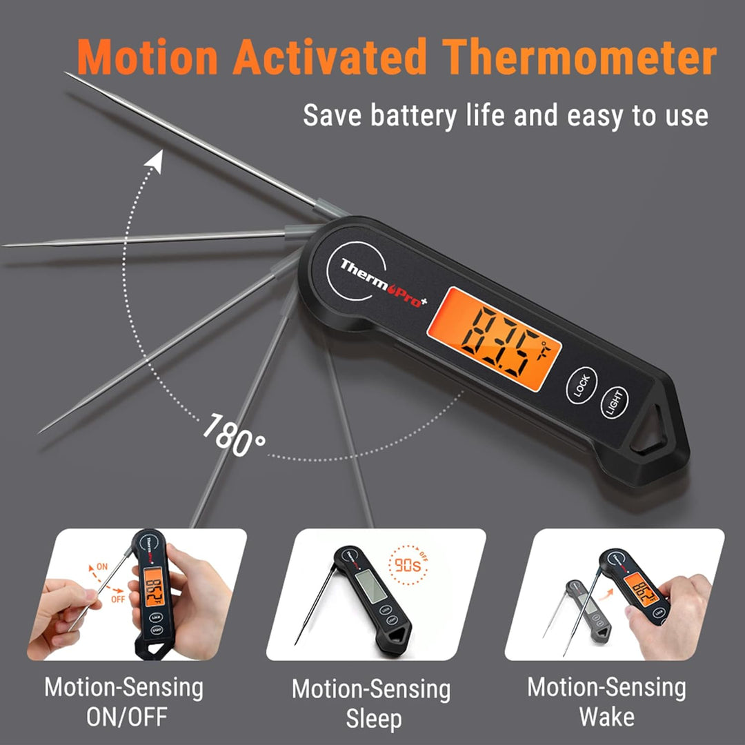 ThermoPro digitales Küchenthermometer, schwarz, klappbar, bewegungsaktiviert, LCD-Display.