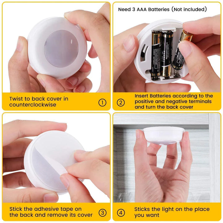 LED-Nachtlicht mit Batteriebetrieb, rund, weiß, einfache Montage, energiesparend, kabellos.