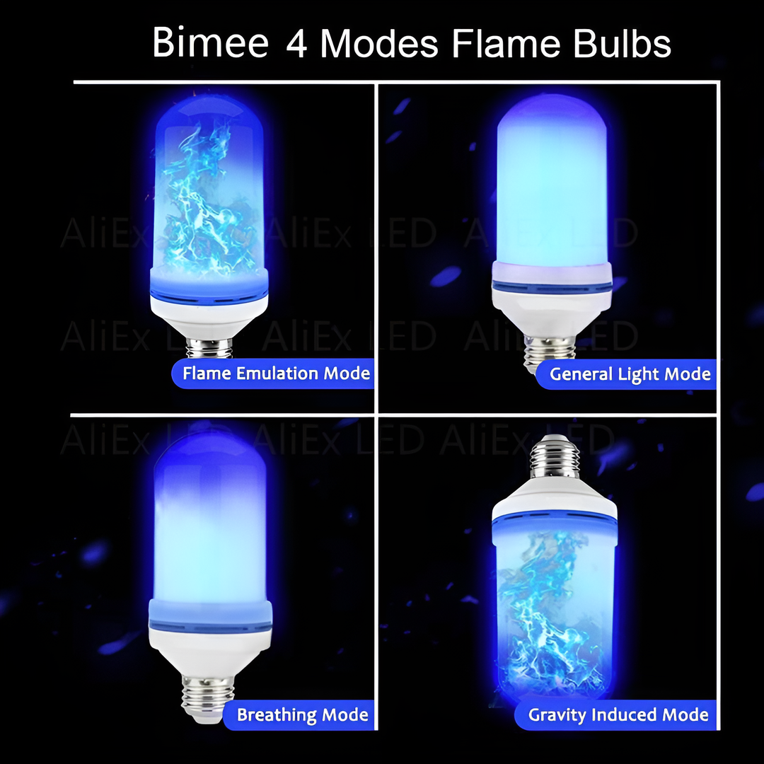 Bimee LED-Flammenlampe, 4 Modi, blaues Licht, E27, energiesparend, dekorativ.