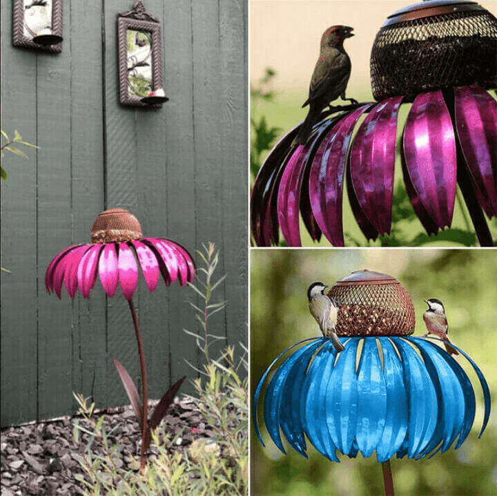 Metall-Vogelfutterspender in Blumenform, pink und blau, Garten-Dekoration, wetterfest.