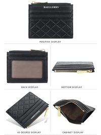 Schwarzes Lederportemonnaie mit Reißverschluss, Kartenfächern, Sichtfenster, kompakt, elegant.