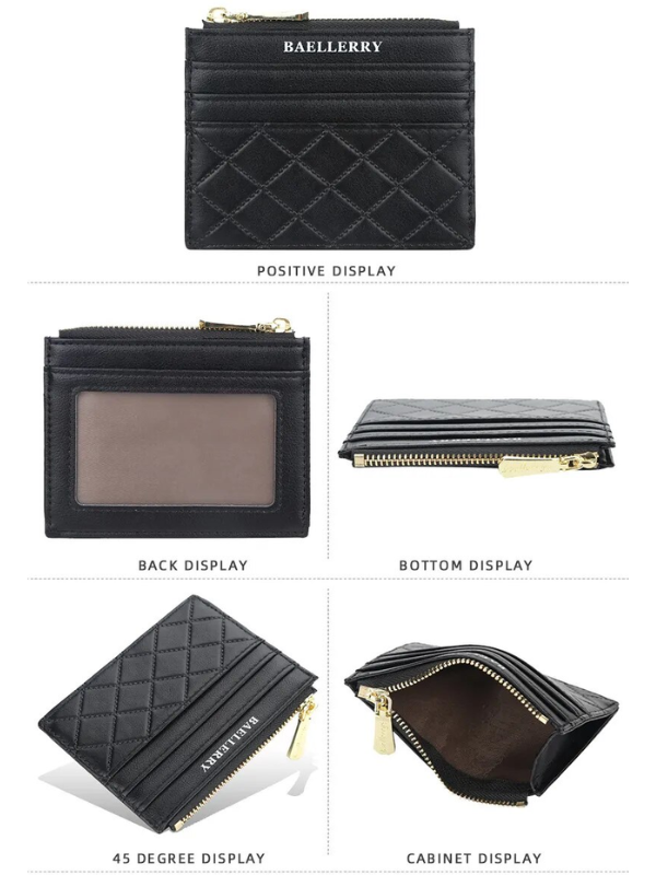 Schwarzes Lederportemonnaie mit Reißverschluss, Kartenfächern, Sichtfenster, kompakt, elegant.