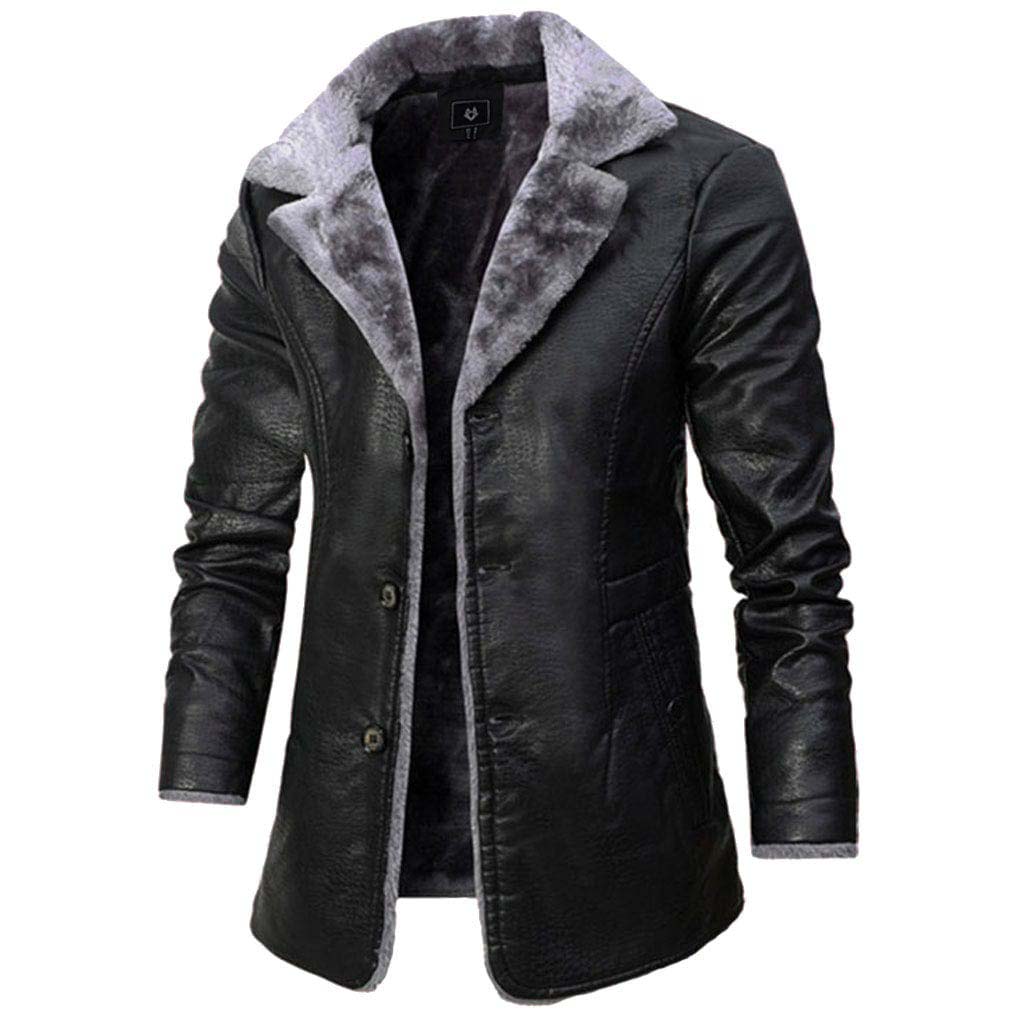 Schwarzer Lederblazer mit grauem Kunstfellfutter, modische Herrenjacke, elegant und warm.