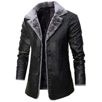 Schwarzer Lederblazer mit grauem Kunstfellfutter, modische Herrenjacke, elegant und warm.