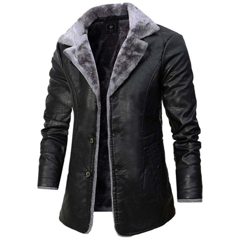 Schwarzer Lederblazer mit grauem Kunstfellfutter, modische Herrenjacke, elegant und warm.