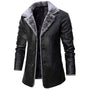 Schwarzer Lederblazer mit grauem Kunstfellfutter, modische Herrenjacke, elegant und warm.