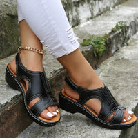 Schwarze Damen-Sandalen mit Keilabsatz, Leder, bequem, modisch, Sommermode.