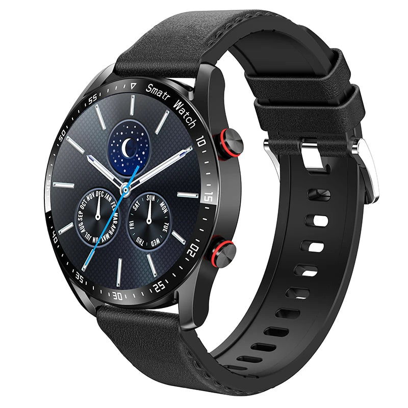 Schwarze Smartwatch mit Lederarmband, rundem Zifferblatt, Edelstahlgehäuse, modisches Design.