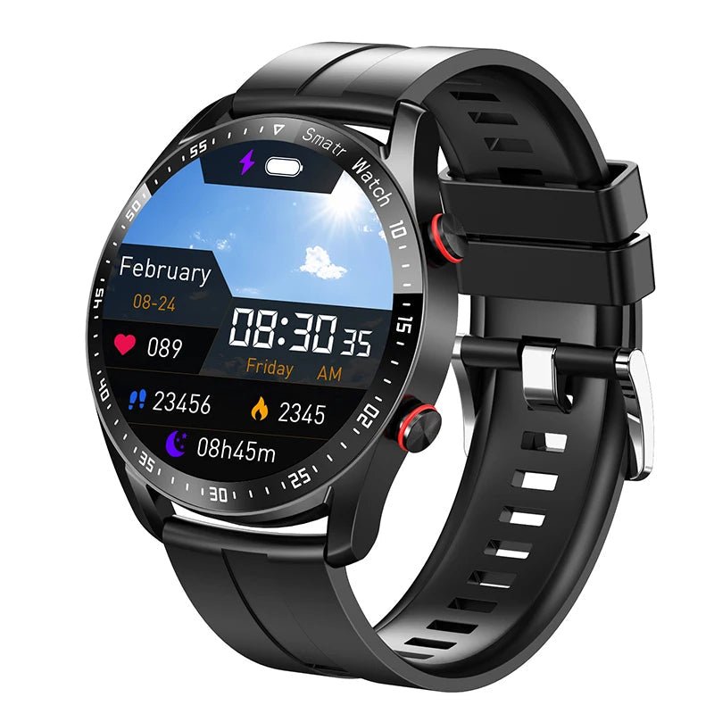 Schwarze Smartwatch mit Silikonarmband, rundem Display, Fitness-Tracker, Wetteranzeige.