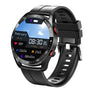 Schwarze Smartwatch mit Silikonarmband, rundem Display, Fitness-Tracker, Wetteranzeige.
