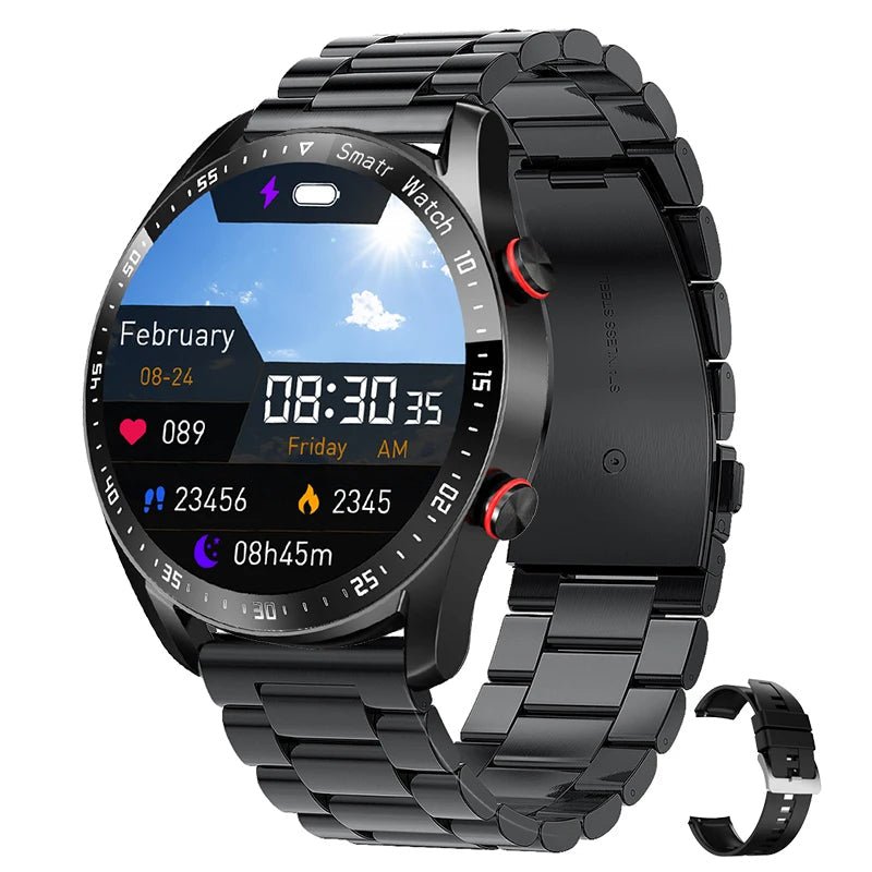 Schwarze Smartwatch aus Edelstahl mit rundem Display und Fitness-Tracking-Funktionen.