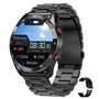 Schwarze Smartwatch aus Edelstahl mit rundem Display und Fitness-Tracking-Funktionen.