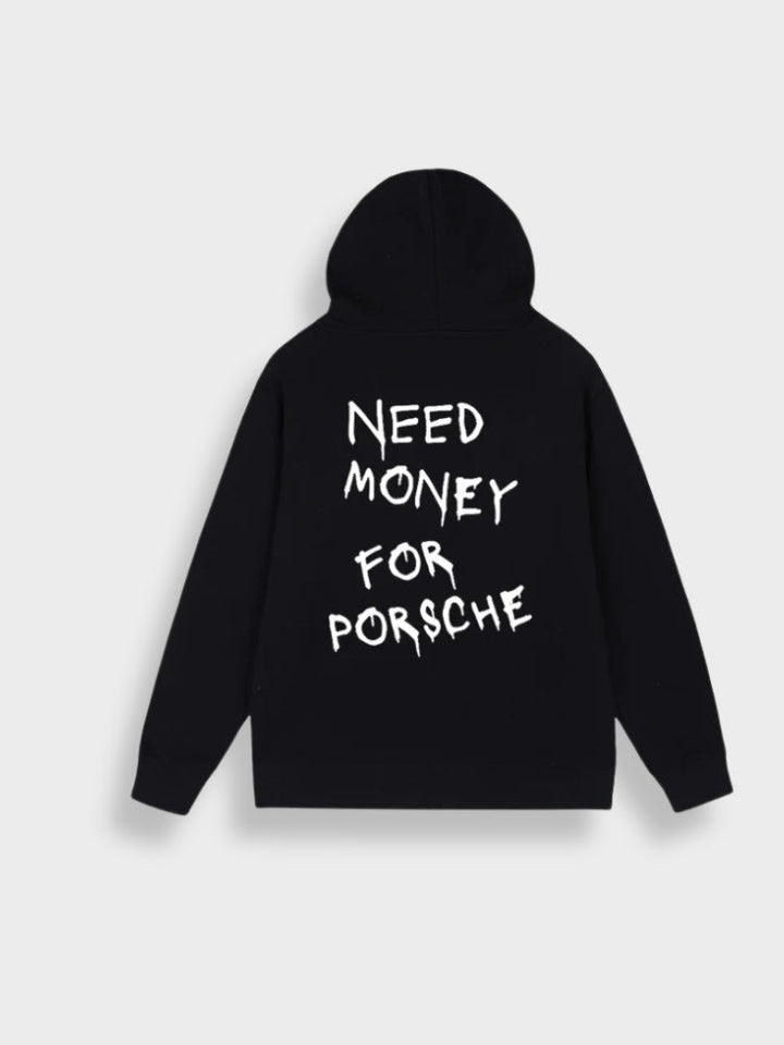 Schwarzer Hoodie mit Aufdruck "Need Money for Porsche", Kapuze, Baumwolle, Unisex-Mode.