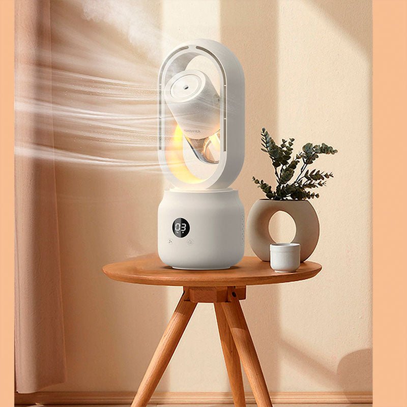 Tragbarer, weißer, blattloser Ventilator mit Luftbefeuchter auf Holztisch, modernes Design.