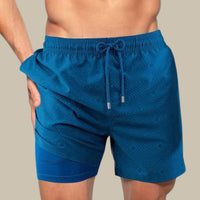 Männer-Badehose blau, geometrisches Muster, Kordelzug, schnell trocknend, Strandmode.