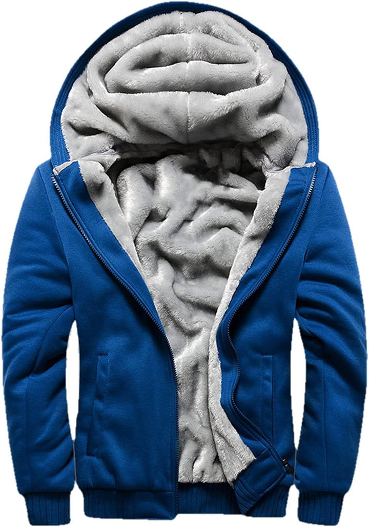 Blaue Herrenjacke mit Kapuze, flauschigem Futter, Reißverschluss, Wintermode, warm.