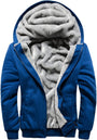 Blaue Herrenjacke mit Kapuze, flauschigem Futter, Reißverschluss, Wintermode, warm.