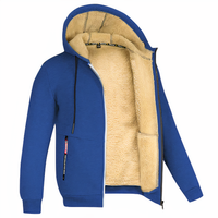 Blaue Herrenjacke mit Kapuze, Reißverschluss und beigem Fleecefutter, warm und modisch.