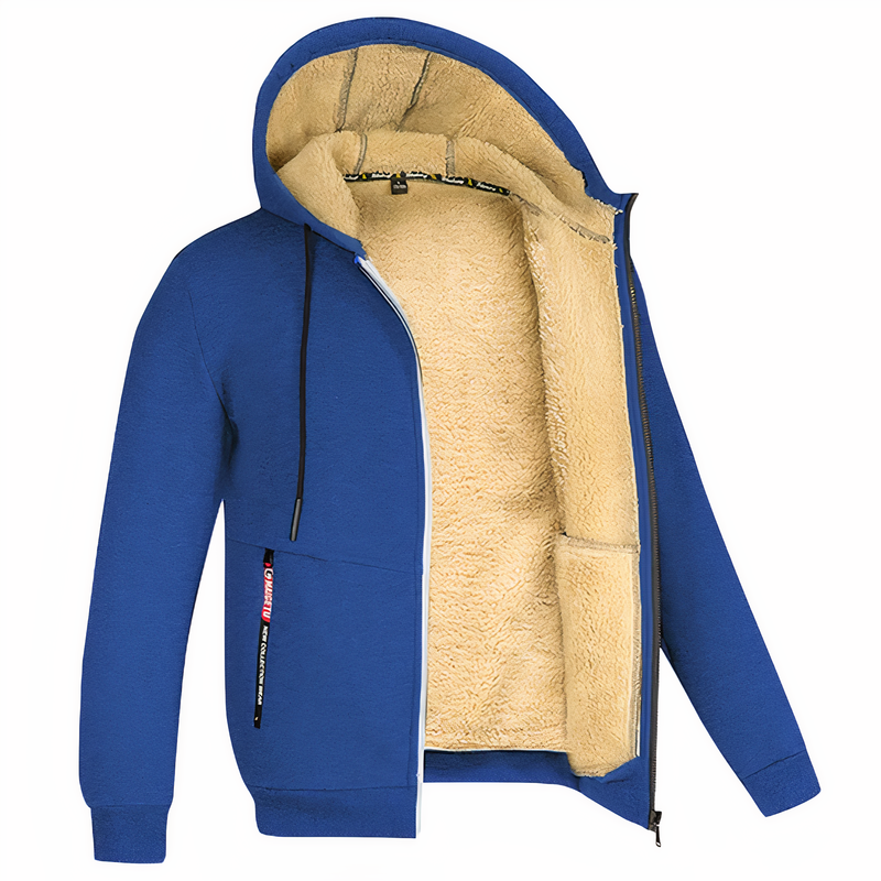 Blaue Herrenjacke mit Kapuze, Reißverschluss und beigem Fleecefutter, warm und modisch.