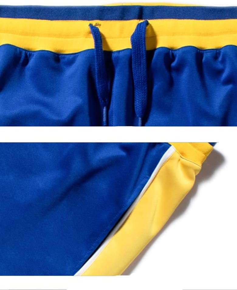 Blaue und gelbe Sportshorts, atmungsaktiv, mit Kordelzug, ideal für Fitness und Training.