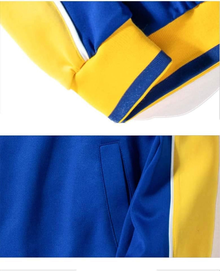 Blauer und gelber Trainingsanzug, Sportbekleidung, Polyester, mit Taschen, modisch, bequem.