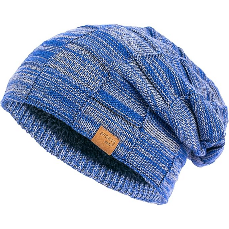 Blaue Strickmütze aus Wolle, kariertes Muster, Unisex-Wintermode, warm und stilvoll.