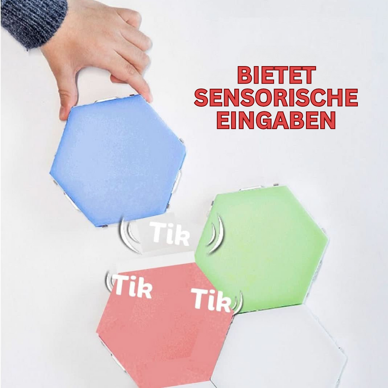 Hand berührt blaues sechseckiges LED-Panel, grüne und rosa Panels daneben, Text: "BIETET SENSORISCHE EINGABEN".