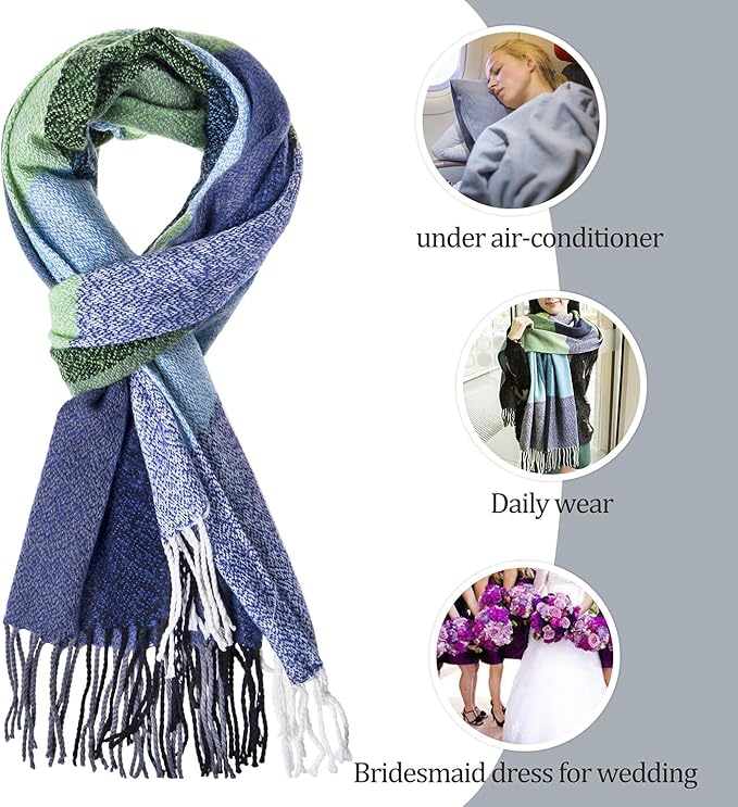 Blauer und grüner Schal aus Wolle mit Fransen, ideal für Damenmode und Hochzeitsaccessoires.