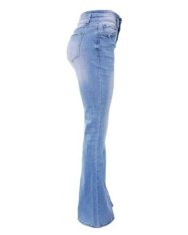 Hellblaue Damen-Jeans, Bootcut, aus Denim, seitliche Ansicht, modisch und bequem.