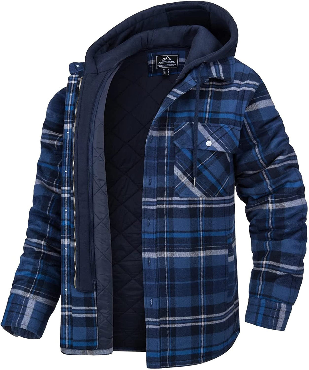 Blau-graue karierte Herrenjacke mit Kapuze, warm gefüttert, ideal für Herbst und Winter.