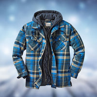 Blau-karierte Herrenjacke mit Kapuze, warmes Winterdesign, Baumwolle, Outdoor-Bekleidung.